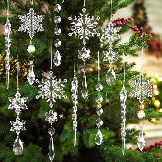 10Pcs Acrylic Snowflake Simulation Ice Pendants Xmas Tree Hanging Ornament 2024 Christmas Home Decorations New Year Gift 2025